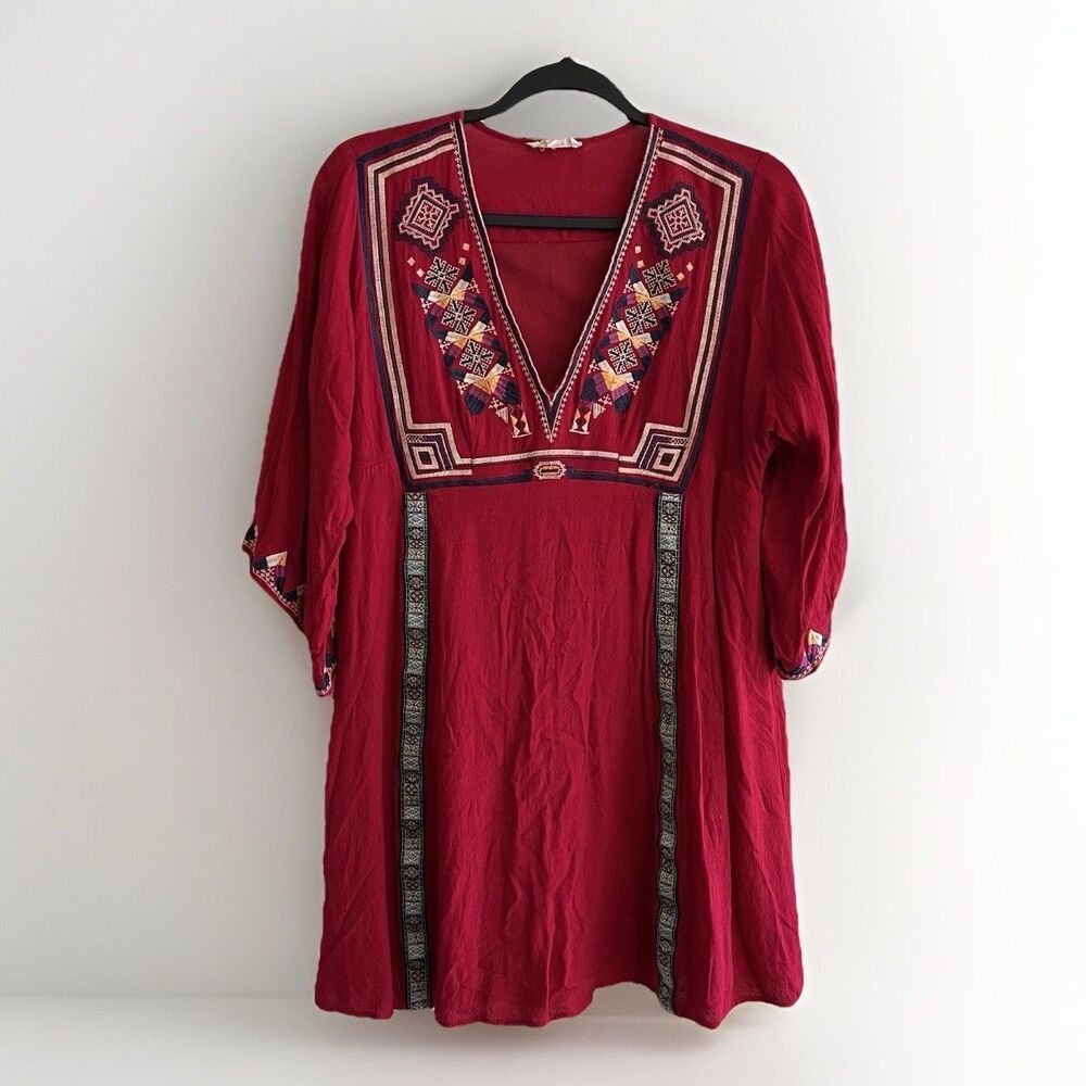 Entro Tunic Mini  Dress Red Embroidered Sz Small Boho Beachy